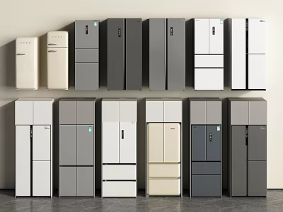 Various Styles Refrigerators And Freezers In Different Colors On Display Wall 3d model