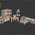 Green Plant On Small Table In 3D Rendered Furniture Set With Bookshelf Desk And Sofa