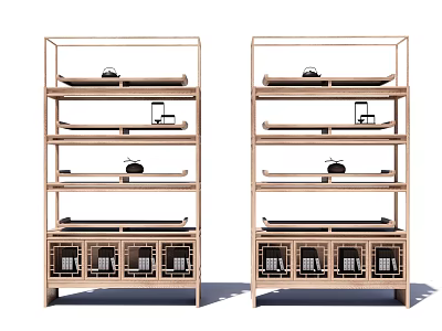 Wooden Chinese Display Shelves With Multi Tiered Open Shelves And Storage Compartments 3d model