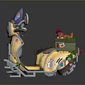 Cartoon Style Yellow Motorcycle With Round Headlight Purple Decorations Vines And Flowers