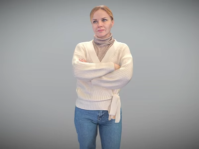 Woman Standing With Crossed Arms In Beige Sweater And Blue Jeans Against Grey Background 3d model