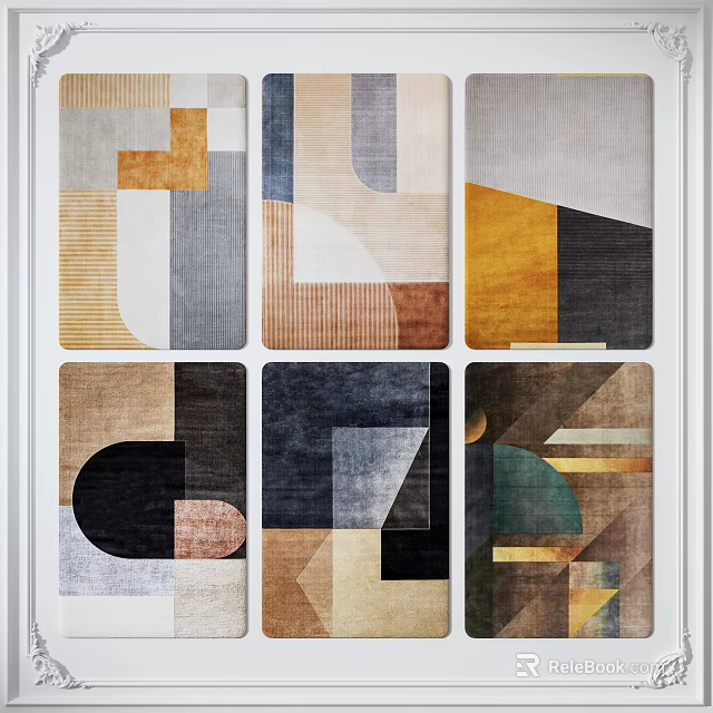 Modern Abstract Square Rugs With Geometric Patterns In Beige Grey Orange Tones 3d model