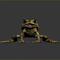 Unique Horned Frog With Green Brown Skin Crawling On Dark Surface