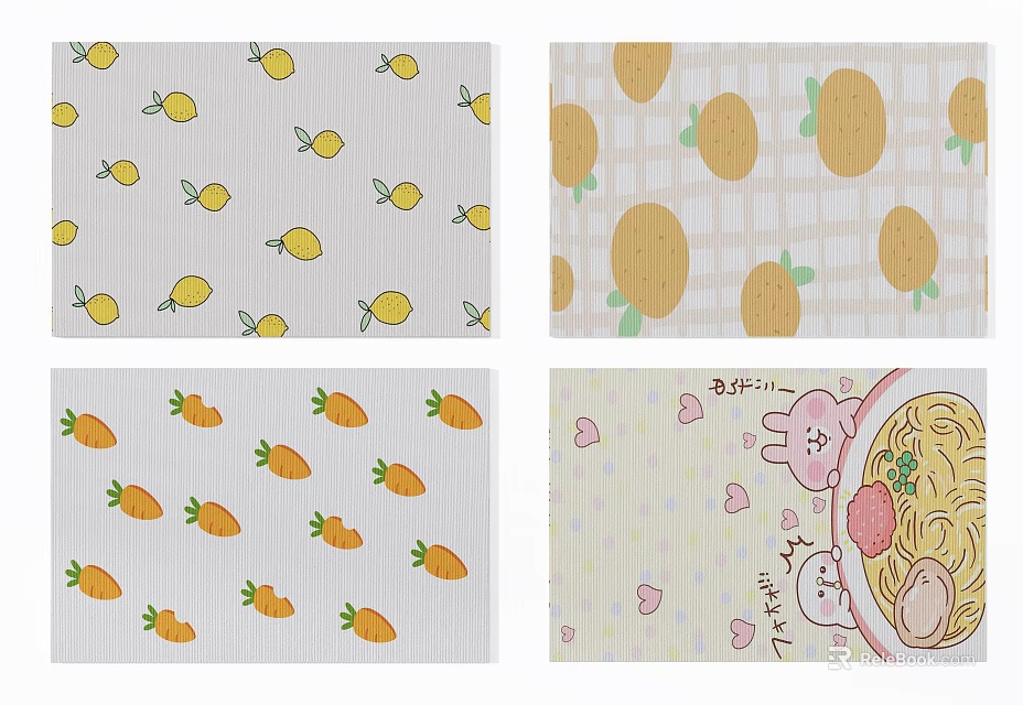 Square Rugs Featuring Lemon Pineapple Carrot And Cartoon Rabbit Patterns 3d model