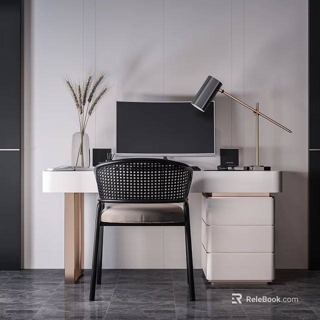 Modern White Desk with Black Chair Computer Monitor Table Lamp and Vase with Wheat Stems 3d model 
