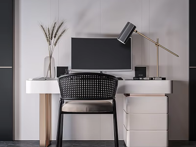 Modern White Desk with Black Chair Computer Monitor Table Lamp and Vase with Wheat Stems 3d model