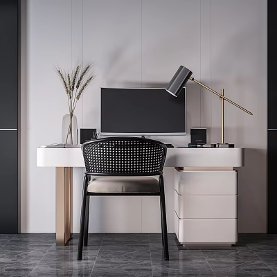 Modern White Desk with Black Chair Computer Monitor Table Lamp and Vase with Wheat Stems 3d model