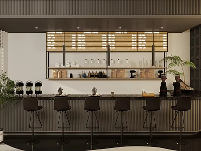 Modern Café Interior With Bar Counter Stools Coffee Machines And Green Plants 3d model