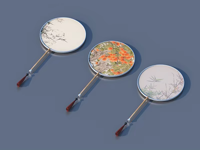Traditional Round Fans With Floral Branch Patterns And Wooden Handles For Home Decor 3d model