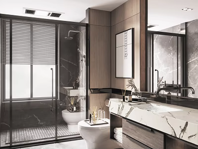Modern Bathroom Interior With Glass Shower Enclosure Wooden Cabinets Marble Countertop And Vanity Sink 3d model