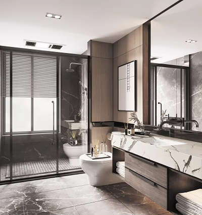 Modern Bathroom Interior With Glass Shower Enclosure Wooden Cabinets Marble Countertop And Vanity Sink 3d model