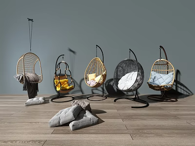 Stylish Wicker Hanging Chairs With Cushions In Various Designs For Modern Living Space 3d model