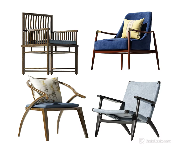 Various Stylish Accent Chairs With Wooden Frames And Colorful Upholstered Seats 3d model 