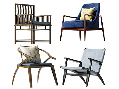 Various Stylish Accent Chairs With Wooden Frames And Colorful Upholstered Seats 3d model