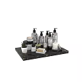 Essential Daily Cleaning Products with Hand Wash Soap Candles Fragrance Sticks on Black Marble Tray
