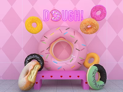 Instagrammable Donut Themed Photo Spot With Pink Diamond Background And Heart Bench 3d model
