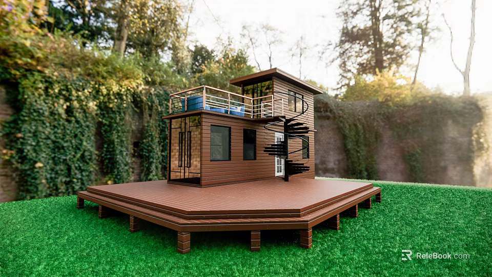 Wooden Detached Villa With Spiral Staircase Terrace Wooden Deck And Green Grass 3d model 