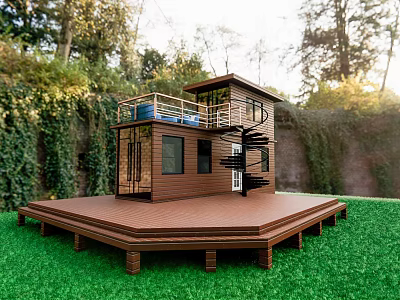 Wooden Detached Villa With Spiral Staircase Terrace Wooden Deck And Green Grass 3d model
