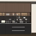 Modern Brown and Black Kitchen Sideboard Design with Storage Cabinets Appliances and Utensils