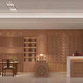 Traditional Chinese Medicine Pharmacy Interior With Wooden Herb Cabinets Counter And Seating