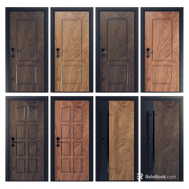 Various Wooden Hinged Doors Featuring Different Panel Designs And Wood Tones 3d model