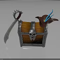 Pirate Themed Treasure Chest With Skull Emblem Curved Sword And Feathered Hat