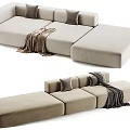Modern Beige Sectional Sofa with Soft Fabric Throw Blanket and Decorative Pillows