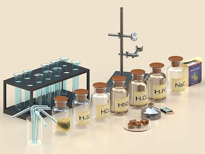Chemical Lab Decorative Ornament Set With Test Tube Rack Labeled Glass Bottles And Lab Stand 3d model