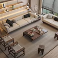 Modern Living Room Beige Sofa Coffee Table Combination With Wooden Floor Area Rug And Pillows