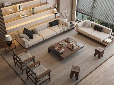 Modern Living Room Beige Sofa Coffee Table Combination With Wooden Floor Area Rug And Pillows 3d model