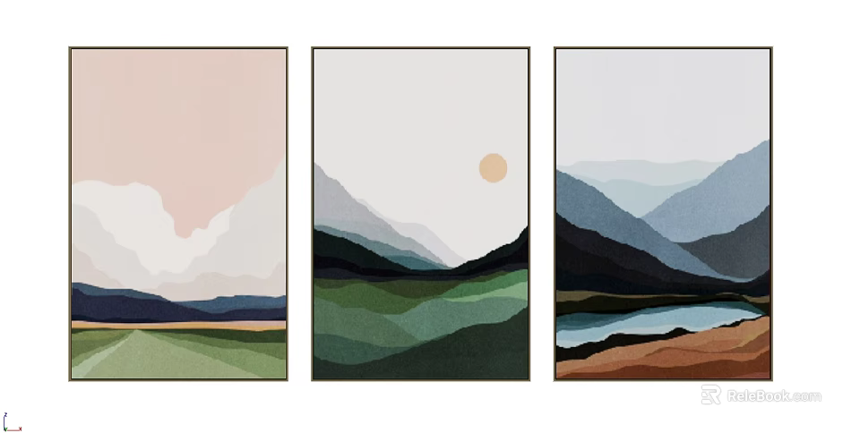 Three Panel Abstract Landscape Wall Art With Mountain Scenery And Sun 3d model
