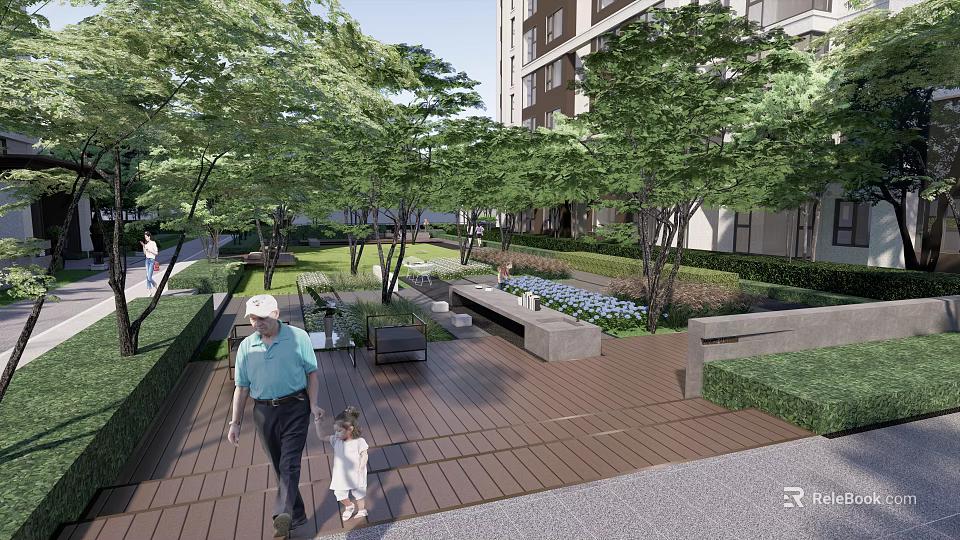 Serene Residential Landscape Featuring Lush Trees Green Lawn Wooden Deck Benches And People Walking 3d model 