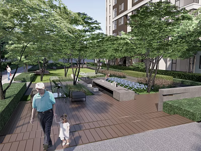 Serene Residential Landscape Featuring Lush Trees Green Lawn Wooden Deck Benches And People Walking 3d model