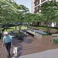Serene Residential Landscape Featuring Lush Trees Green Lawn Wooden Deck Benches And People Walking