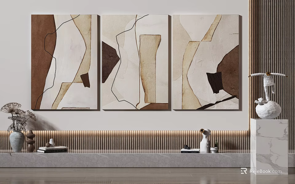 Abstract Triptych Wall Art With Geometric Patterns In Brown Beige Tones For Interior Decor 3d model