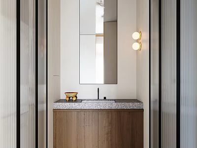 Modern Bathroom Interior With Wall Mirror Wooden Vanity Stone Countertop And Lighting Fixtures 3d model