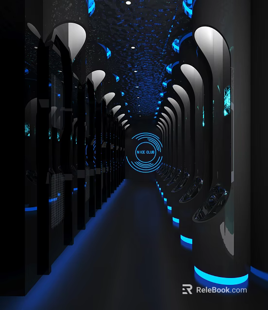 Futuristic KTV Corridor Design With Blue Lighting And Circular Sign Decor 3d model 