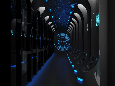 Futuristic KTV Corridor Design With Blue Lighting And Circular Sign Decor 3d model
