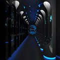 Futuristic KTV Corridor Design With Blue Lighting And Circular Sign Decor