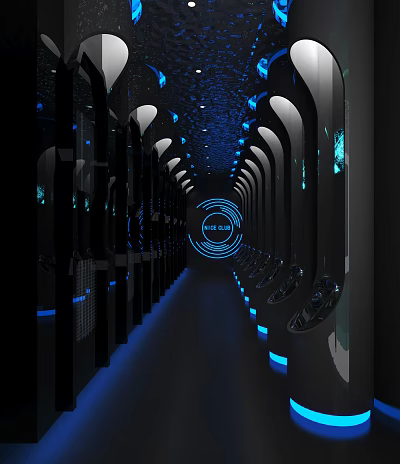 Futuristic KTV Corridor Design With Blue Lighting And Circular Sign Decor 3d model