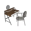 Dressing Table With Wooden Top Black Metal Frame Round Mirror And Grey Padded Chair