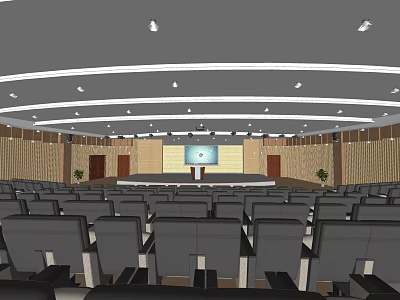 Spacious Conference Room Interior With Rows Of Seats Podium Large Screen And Ceiling Lighting 3d model