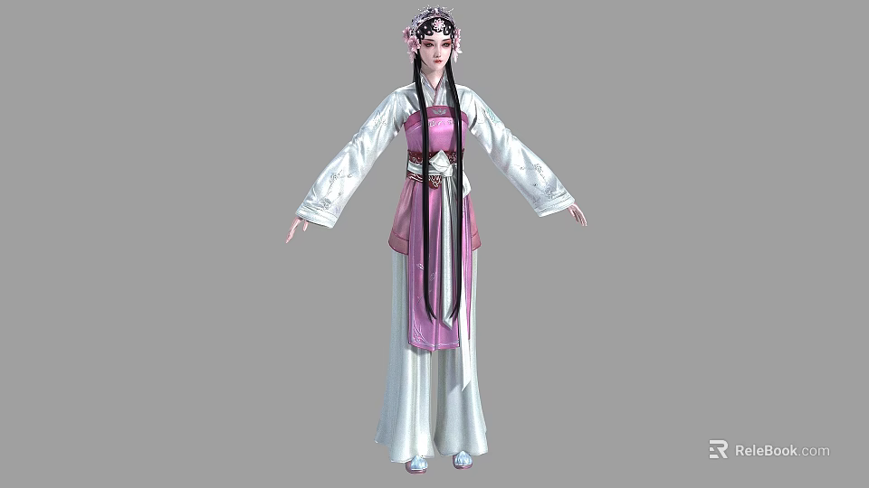 A Woman In Traditional Chinese Costume With Ornate Hairstyle And Pink White Long Dress 3d model