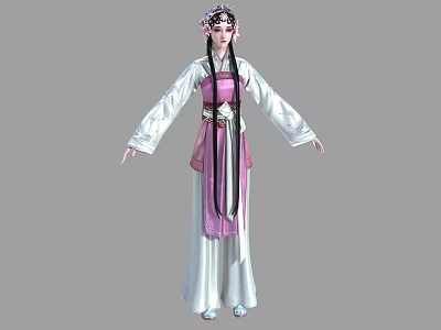 A Woman In Traditional Chinese Costume With Ornate Hairstyle And Pink White Long Dress 3d model