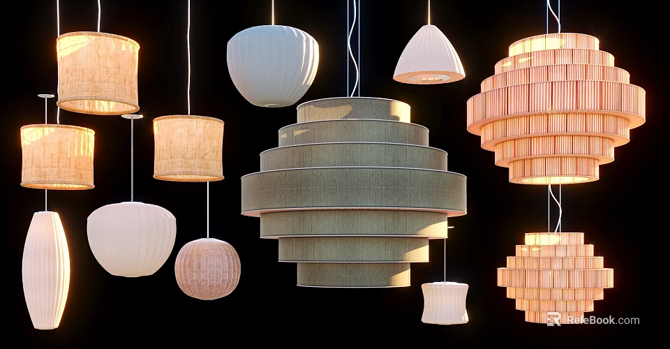 Various Modern Chandeliers With Different Shapes Fabric Wooden And Woven Designs 3d model 