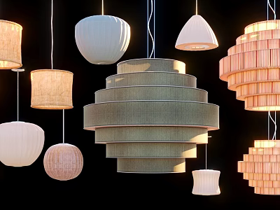 Various Modern Chandeliers With Different Shapes Fabric Wooden And Woven Designs 3d model