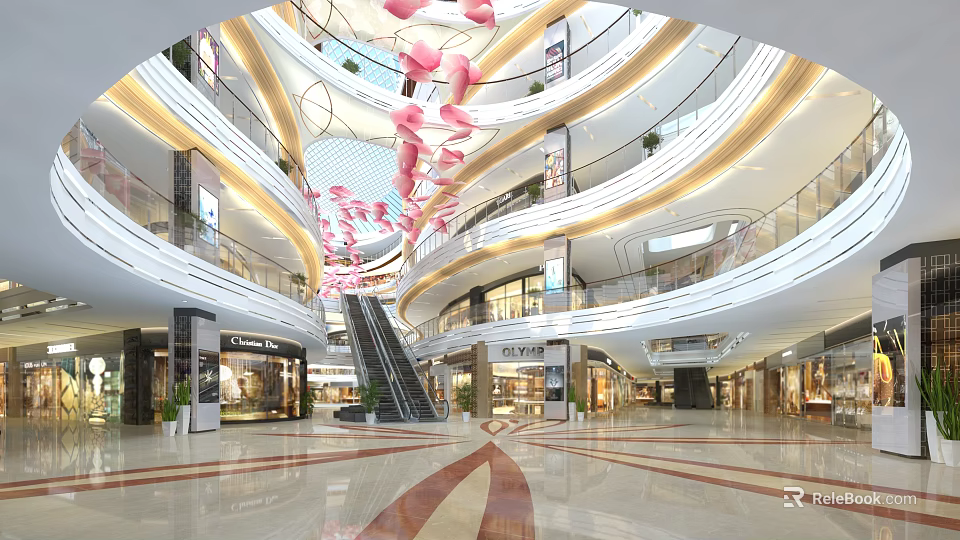 Spacious Shopping Mall Atrium With Multiple Floors Escalators Pink Hanging Decorations And Marble Floor Design 3d model 