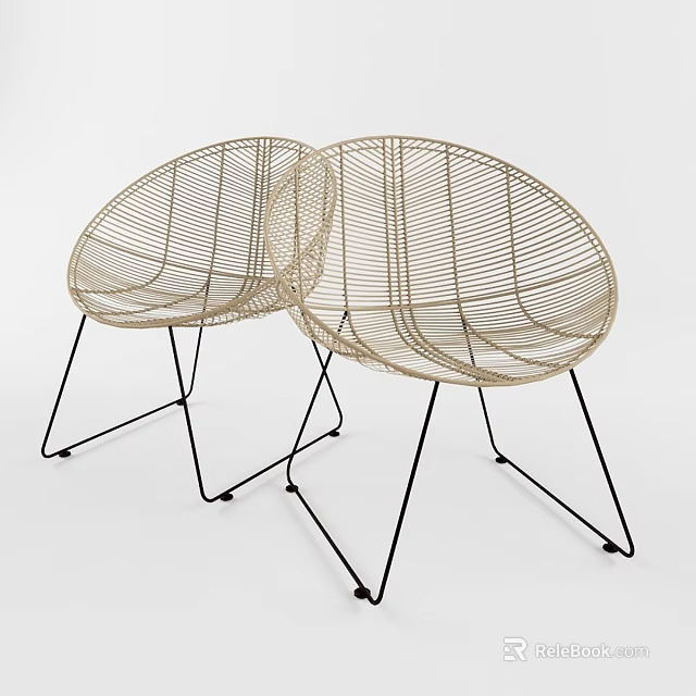 Modern Woven Round Stools With Black Metal Legs For Home Interior 3d model 