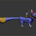 Blue Fantasy Feline Creature With Orange Decorative Tail And Collar Bell Accents