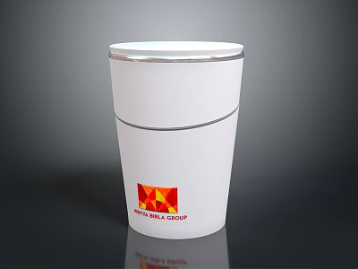 White Cup With Silver Rim Red Yellow Geometric Logo And WATERPLUS GROUP On Dark Background 3d model